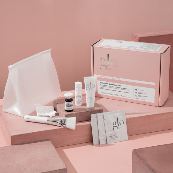 Glo Skin Beauty Retinol + C Smoothing Peel in a Box kit with products and accessories for at-home peel treatment