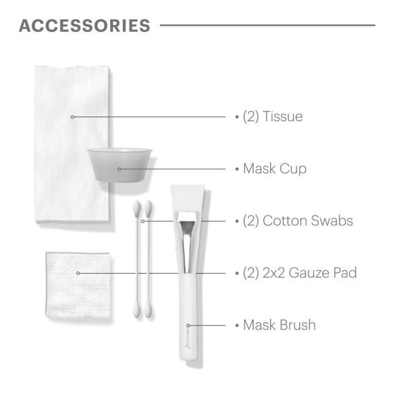 Accessories included in Glo Skin Beauty's Peel in a Box - tissue, mask cup, cotton swabs, gauze pad, mask brush.