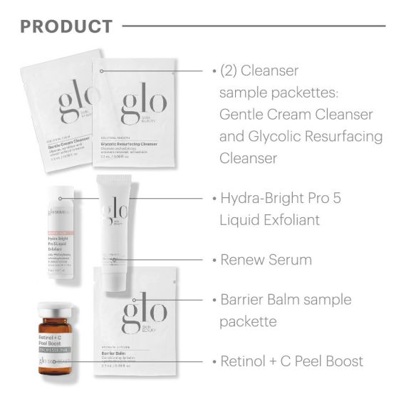 At-home peel kit contents: cleansers, liquid exfoliant, renew serum, barrier balm, and Retinol+C Peel Boost from Glo Skin Beauty