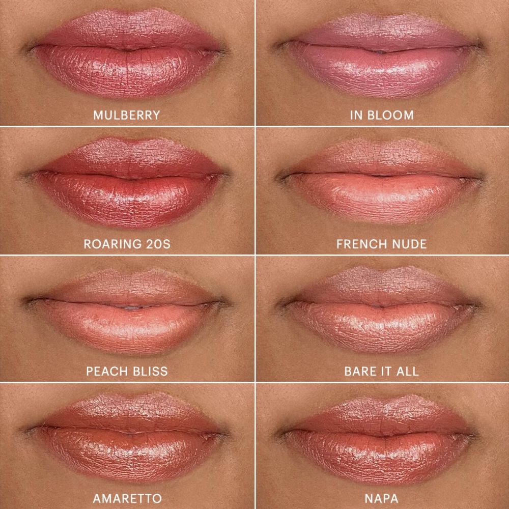 Comparison of eight satin lipstick shades including Mulberry, In Bloom, Roaring 20s, French Nude, Peach Bliss, Bare It All, Amaretto, and Napa.