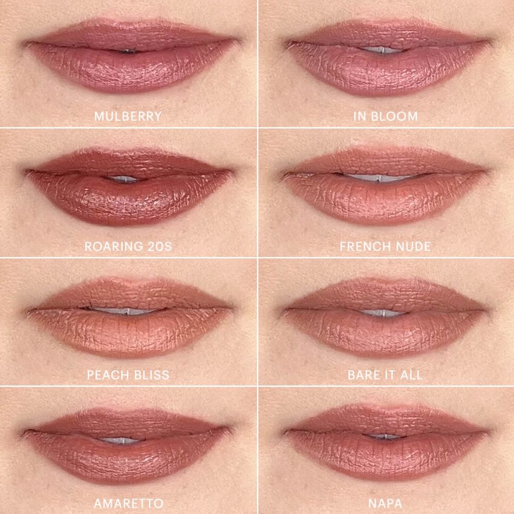 Lip swatches of various Satin Lipstick shades including Mulberry, In Bloom, Roaring 20s, French Nude, Peach Bliss, Bare It All, Amaretto, and Napa.