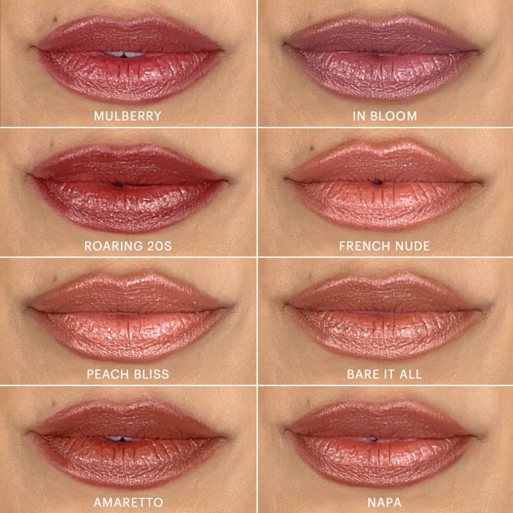 Satin Lipstick shades including Mulberry, In Bloom, Roaring 20s, French Nude, Peach Bliss, Bare It All, Amaretto, and Napa on lips.