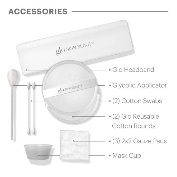 Glo Skin Beauty accessory kit including headband, glycolic applicator, cotton swabs, reusable cotton rounds, gauze pads, and mask cup