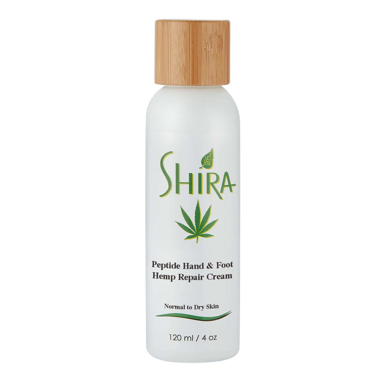 Shira Peptide Hand & Foot Hemp Repair Cream bottle with natural ingredients for moisture and skin elasticity, 120ml for normal to dry skin.