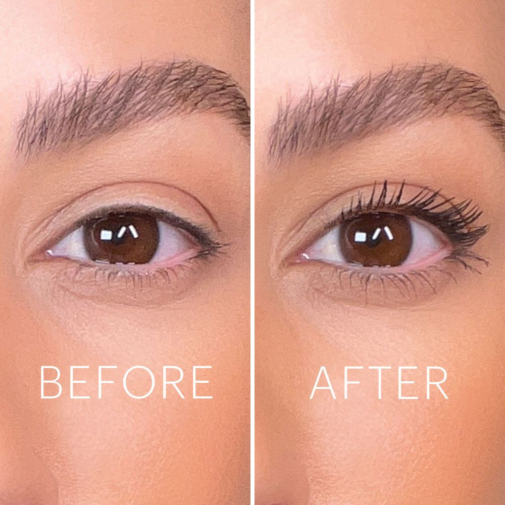 Before and after applying Volumizing Mascara showing plumping, thickening, and enhancing effect on eyelashes.