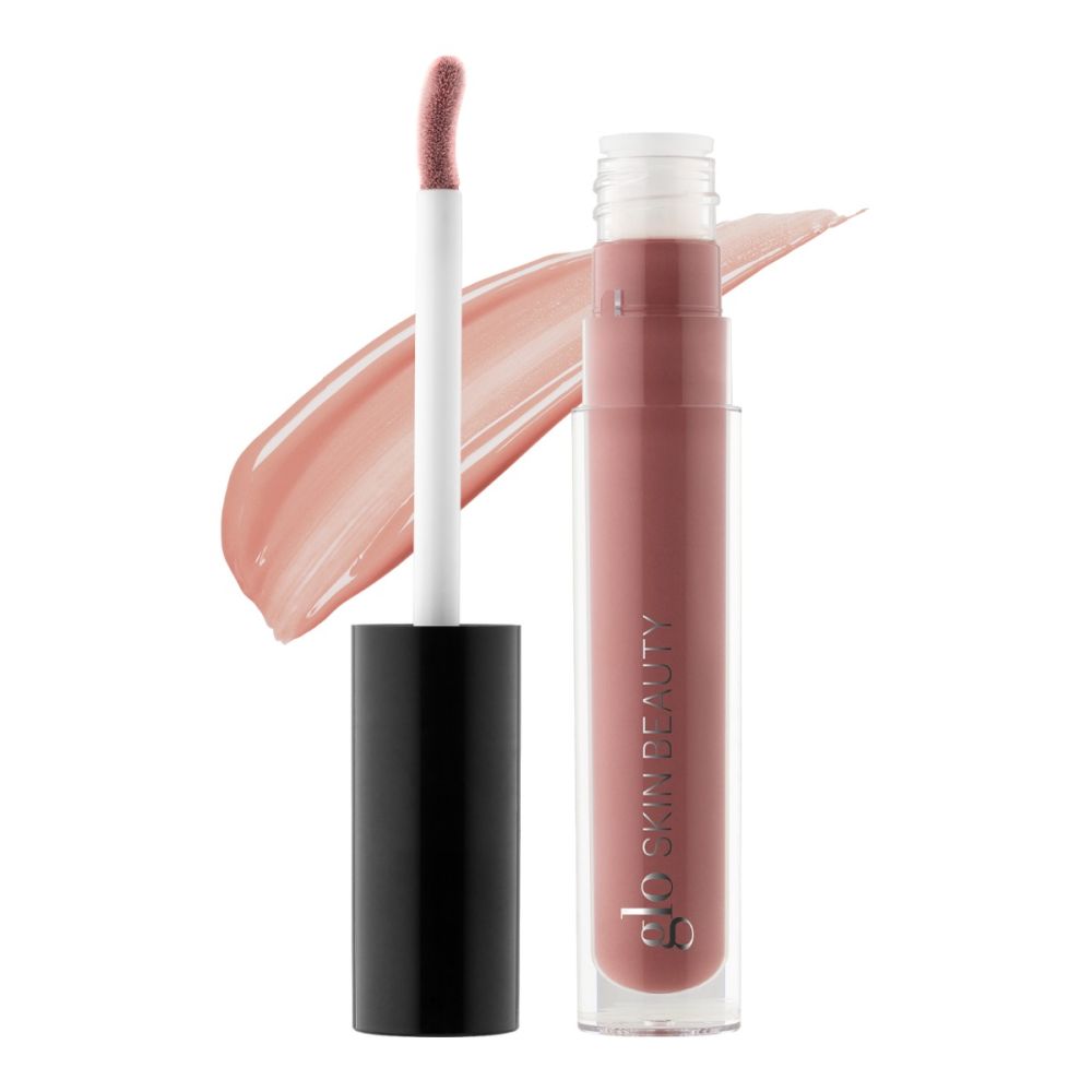 Conditioning lip gloss with hyaluronic acid in a high-shine finish, shown with applicator and color swatch.